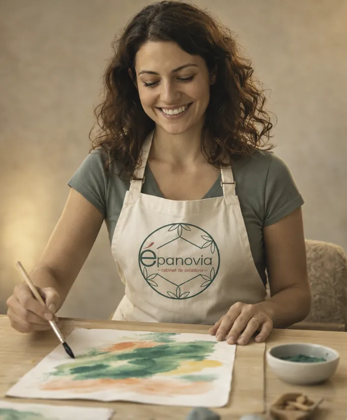 Participante souriante en tablier Épanovia peignant à l'aquarelle lors d'un atelier créatif pour adultes