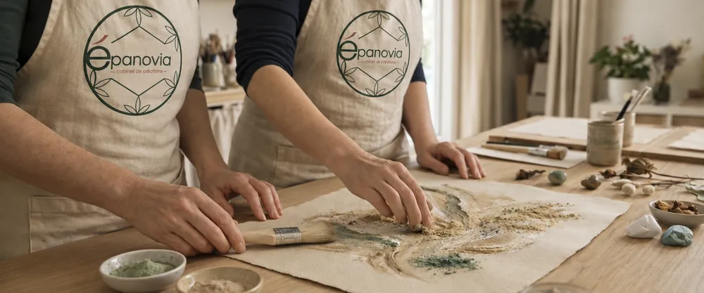 Deux participantes en tablier Épanovia travaillant pigments naturels et pinceau sur papier, en atelier en petit groupe