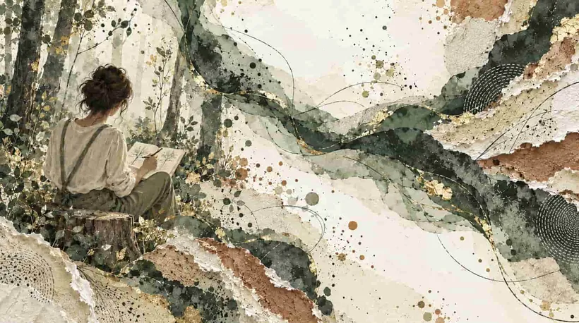 Femme dessinant un arbre dans son carnet, assise en forêt