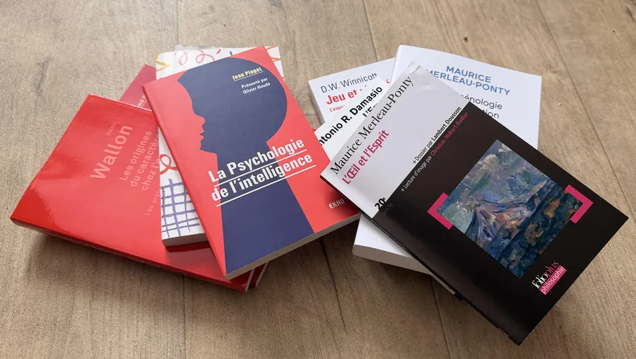 Ouvrages de Merleau-Ponty, Piaget, Wallon, Winnicott et Damasio de la bibliothèque de Magali Savary