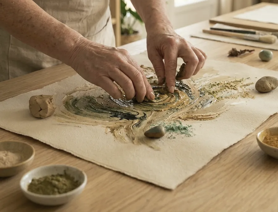Mains travaillant l'argile et les pigments naturels sur papier