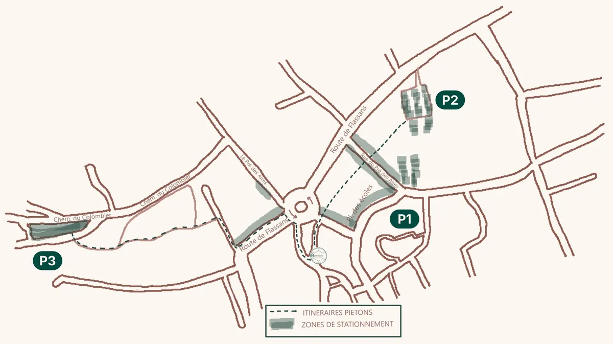 Plan dessiné des zones de stationnement autour du cabinet Épanovia à Pignans : P1, place des Écoles et rue du Pré des Aires, au plus près ; P2, parking du boulodrome, route de Flassans, en haut à droite ; P3, grand parking du chemin du Colombier, à gauche ; et itinéraires piétons jusqu'au cabinet, au 42 rue Saint André.