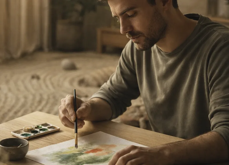 Homme concentré peignant à l'aquarelle dans un espace inspiré du jardin zen