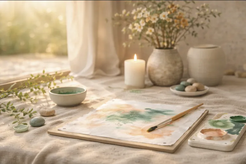 Table d'atelier préparée : aquarelle aux tons vert sauge et pêche, pinceau, galets et bougie